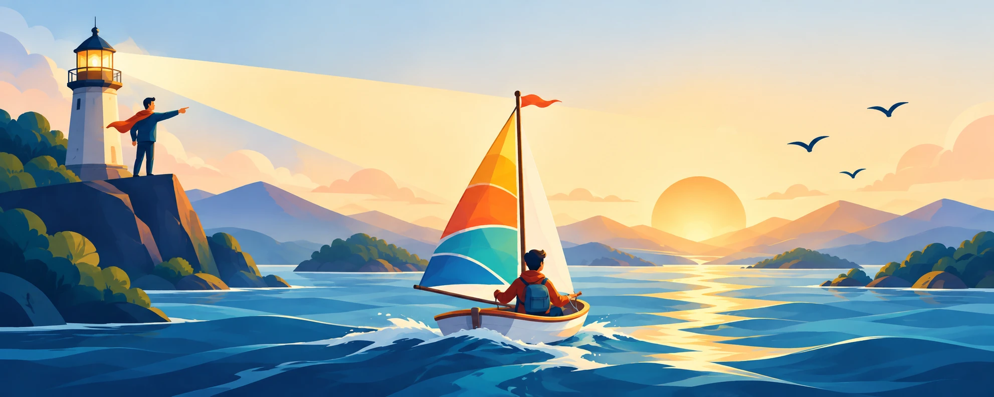 A mentor on a lighthouse points the way as a young sailor steers their own boat toward the sunrise